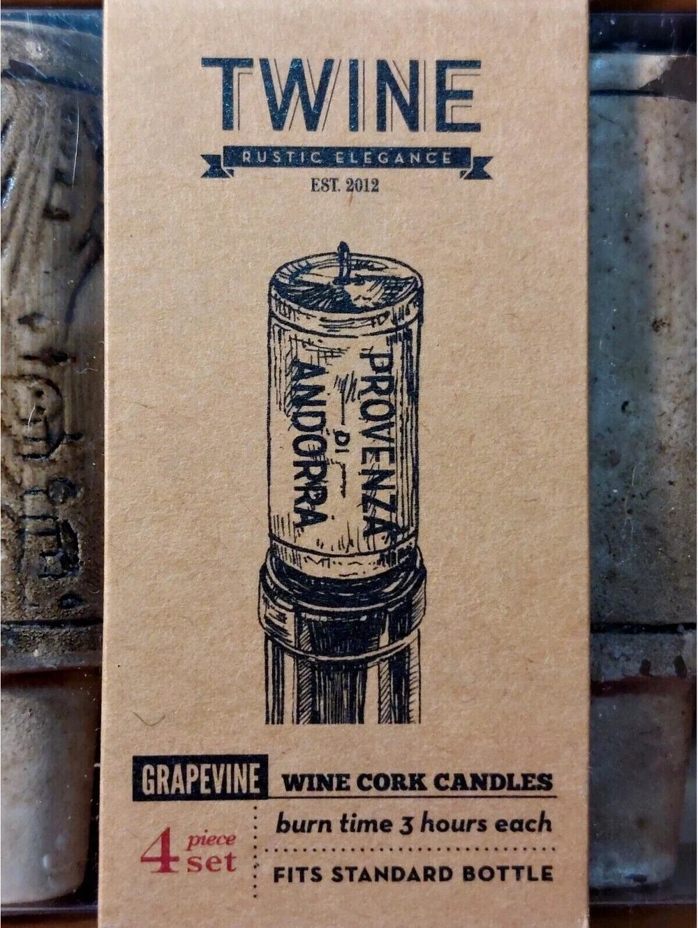 WINE CORK CANDLES Twine Grapevine Set of 4  3 inch candles NEW in Box Sealed!